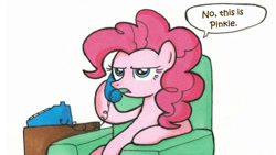 Size: 807x456 | Tagged: safe, artist:madmax, edit, pinkie pie, earth pony, pony, armchair, big pink loser, phone, spongebob squarepants, stop calling me