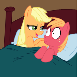 Size: 500x499 | Tagged: safe, artist:jcking101, artist:madmax, edit, edited edit, editor:rozyfly10, applejack, big macintosh, earth pony, pony, applecest, applemac, bed, bedroom, bedroom eyes, brother and sister, eye contact, female, in bed, incest, looking at each other, male, mare, open mouth, open smile, pillow, shipping, shocked, shrunken pupils, siblings, smiling, stallion