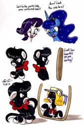 Size: 1024x1512 | Tagged: safe, artist:newyorkx3, princess luna, rarity, oc, oc:tommy junior, alicorn, pony, unicorn, bow, comic, dialogue, dressup, mirror, neck bow, tongue out, traditional art