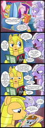 Size: 713x2000 | Tagged: safe, artist:madmax, flash sentry, princess cadance, oc, oc:littlepip, alicorn, pony, comic:todos los ponis odian a flash, fallout equestria, comic, guard, spanish, text, train, translation, translator:the-luna-fan