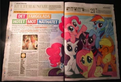 Size: 1600x1091 | Tagged: safe, derpibooru import, applejack, fluttershy, pinkie pie, rainbow dash, rarity, twilight sparkle, irl, mane six, mane six opening poses, newspaper, photo, sweden, swedish