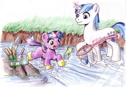 Size: 1740x1200 | Tagged: safe, artist:muffinshire, shining armor, twilight sparkle, frog, pony, unicorn, book, filly, filly twilight sparkle, fishing net, galoshes, magnifying glass, net, river, stream, traditional art, water, younger