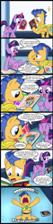 Size: 523x2200 | Tagged: safe, artist:madmax, flash sentry, twilight sparkle, twilight sparkle (alicorn), oc, oc:littlepip, alicorn, comic:todos los ponis odian a flash, fallout equestria, book, comic, screaming, spanish, translation, translator:the-luna-fan