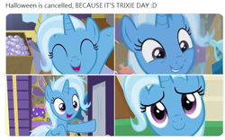 Size: 672x418 | Tagged: safe, derpibooru import, edit, edited screencap, screencap, trixie, road to friendship, solo, text, trixie day, trixie's wagon