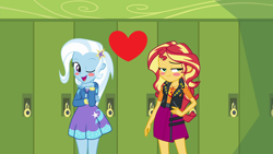 Size: 1920x1080 | Tagged: safe, derpibooru import, edit, edited screencap, screencap, sunset shimmer, trixie, better together, equestria girls, forgotten friendship, female, lesbian, shipping, suntrix