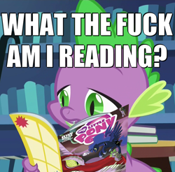 Size: 1092x1073 | Tagged: safe, artist:brendahickey, edit, idw, screencap, basil, princess luna, spike, alicorn, dragon, pony, made in manehattan, /mlp/, 4chan, archie comics, comic, image macro, in-universe brony, irony, meme, mouthpiece, reaction image, take that, vulgar, what the fuck am i reading