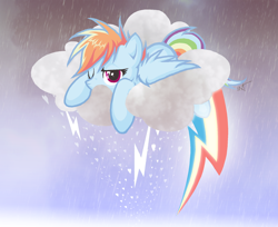 Size: 1366x1117 | Tagged: safe, artist:uberxtechnic, rainbow dash, pegasus, pony, blue coat, cloud, female, mare, multicolored mane, solo