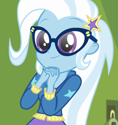 Size: 1014x1080 | Tagged: safe, derpibooru import, screencap, trixie, best trends forever, best trends forever: twilight sparkle, better together, equestria girls, :t, adorkable, canterlot high, choose twilight sparkle, clothes, cropped, cute, diatrixes, dork, glasses, happy, hoodie, meganekko, nerd, scrunchy face, skirt, smiling, solo, wavy mouth, weapons-grade cute