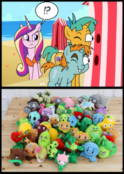 Size: 713x1000 | Tagged: safe, artist:madmax, edit, princess cadance, snails, snips, alicorn, pony, bootleg, clothes, exclamation point, exploitable meme, meme, plants vs zombies, plushie, question mark, snips and snails spying meme, swimsuit