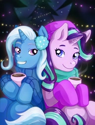 Size: 2395x3127 | Tagged: safe, artist:villaincorner, derpibooru import, starlight glimmer, trixie, pony, unicorn, best gift ever, beanie, best friends, chocolate, clothes, coat, earmuffs, female, food, grin, hat, hot chocolate, jacket, mare, mittens, scarf, smiling, winter outfit