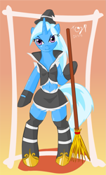 Size: 695x1149 | Tagged: safe, artist:tozinkai, derpibooru import, trixie, pony, belly button, bipedal, broom, midriff, witch