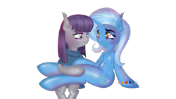 Size: 3840x2160 | Tagged: safe, artist:saddnesspony, derpibooru import, maud pie, trixie, semi-anthro, belly button, female, lesbian, mauxie, shipping