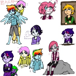 Size: 800x800 | Tagged: safe, artist:ladydarthorn, derpibooru import, applejack, applejack (male), barb, bubble berry, butterscotch, dusk shine, elusive, fluttershy, pinkie pie, rainbow blitz, rainbow dash, rarity, spike, twilight sparkle, dialogue, horned humanization, humanized, mane seven, pony coloring, rule 63, winged humanization