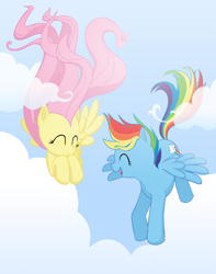 Size: 600x761 | Tagged: safe, artist:tintinabar, fluttershy, rainbow dash, pegasus, pony, blue coat, female, mare, multicolored mane, pink mane, wings, yellow coat