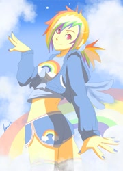 Size: 635x882 | Tagged: safe, artist:irsaona, rainbow dash, clothes, female, humanized, multicolored hair, solo