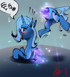 Size: 1280x1408 | Tagged: safe, artist:alumx, derpibooru import, trixie, pony, unicorn, blushing, female, half, magic, mare, modular, now you're thinking with portals, swearing, wat