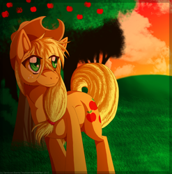 Size: 900x911 | Tagged: safe, artist:inuhoshi-to-darkpen, applejack, earth pony, pony, solo, sunset, tree