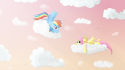 Size: 2560x1440 | Tagged: safe, artist:regolithx, fluttershy, rainbow dash, pegasus, pony, cloud, cloudy, sky