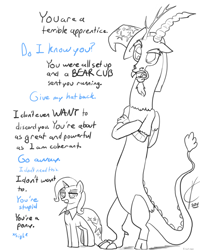 Size: 1600x2000 | Tagged: safe, artist:valcron, derpibooru import, discord, trixie, pony, unicorn, dialogue, female, mare, unamused