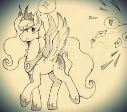 Size: 1280x1126 | Tagged: safe, artist:wirelesspony, princess luna, alicorn, pony, annoyed, frown, heart, love letter, monochrome, solo, traditional art