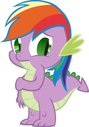 Size: 704x1000 | Tagged: artist needed, safe, artist:kalleflaxx, rainbow dash, spike, dragon, background removed, embarrassed, female, hand on arm, irl, male, mane swap, new rainbow dash, rainbow hair, simple background, solo, spike is the new rainbow dash, transparent background, vector, wig