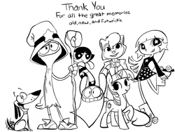 Size: 1024x771 | Tagged: safe, artist:php27, derpibooru import, twilight sparkle, black and white, blooregard q kazoo, buttercup, cats don't dance, crossover, crossover nexus, foster's home for imaginary friends, grayscale, milky way and the galaxy girls, monochrome, sawyer, the powerpuff girls, two stupid dogs, wander (wander over yonder), wander over yonder