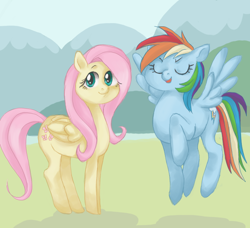 Size: 758x692 | Tagged: safe, artist:bikkisu, fluttershy, rainbow dash, pegasus, pony, eyes closed, female, flying, looking at you, mare, smiling