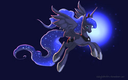 Size: 900x560 | Tagged: dead source, safe, artist:risinglouloustar, princess luna, alicorn, pony, flying, solo