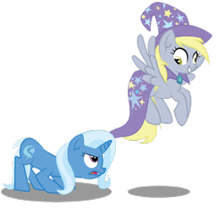 Size: 1024x1056 | Tagged: dead source, safe, artist:dr-whiskey, derpibooru import, derpy hooves, trixie, pegasus, pony, accessory theft, female, mare