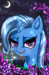 Size: 3360x5120 | Tagged: safe, artist:darksly, derpibooru import, trixie, pony, unicorn, crescent moon, female, flower, mare, moon, night, smiling, solo, stars