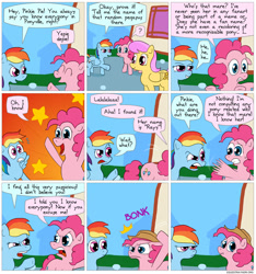 Size: 850x907 | Tagged: safe, artist:fadri, pinkie pie, rainbow dash, sunny rays, earth pony, pegasus, pony, comic:and that's how equestria was made, comic, fourth wall, in-universe pegasister, liar face, liarpony