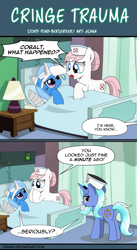 Size: 903x1652 | Tagged: safe, artist:dsana, artist:pony-berserker, derpibooru import, nurse redheart, trixie, oc, oc:cobalt, earth pony, pony, unicorn, bed, comic, female, hospital, lamp, male, mare, seriously, stallion