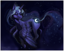 Size: 915x735 | Tagged: safe, artist:jemanite, princess luna, alicorn, pony, eyes closed, flying, simple background, solo