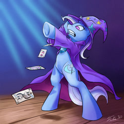 Size: 900x900 | Tagged: safe, artist:tsitra360, derpibooru import, discord, spike, trixie, dragon, pony, bipedal, playing card, poker, solo