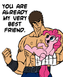 Size: 720x875 | Tagged: source needed, useless source url, safe, artist:megasweet, pinkie pie, earth pony, pony, broken comment counter, crossover, dialogue, duo, featureless crotch, female, hokuto no ken, kenshiro, male, mare, open mouth, simple background, smiling, white background