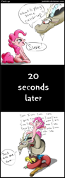 Size: 1400x3800 | Tagged: safe, artist:junkiekb, discord, pinkie pie, earth pony, pony, comic, female, mare, pink coat, pink mane