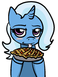 Size: 469x619 | Tagged: safe, derpibooru import, trixie, pony, unicorn, ask the great and powerful trixie, blushing, female, licking, mare, pie, solo, tongue out