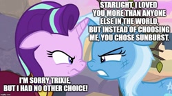 Size: 888x499 | Tagged: safe, derpibooru import, edit, edited screencap, screencap, starlight glimmer, trixie, pony, unicorn, road to friendship, background pony strikes again, drama bait, duo, implied lesbian, implied shipping, implied starburst, implied startrix, implied straight, implied sunburst, jealous, op is a cuck, op started shit, op started shit and op is laughing at you