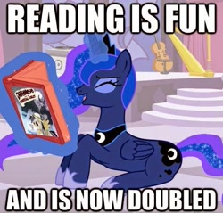 Size: 463x442 | Tagged: safe, screencap, daring do, princess luna, alicorn, pony, image macro, meme, read, reading, the fun has been doubled