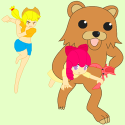 Size: 524x525 | Tagged: safe, artist:dj crossbones, apple bloom, applejack, barefoot, feet, humanized, pedobear