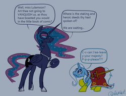 Size: 1033x786 | Tagged: safe, artist:bigrigs, derpibooru import, nightmare moon, trixie, pony, alternate timeline, dialogue, jewelry, nightmare takeover timeline, stake