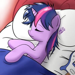 Size: 900x900 | Tagged: safe, artist:ppdraw, derpibooru import, twilight sparkle, bed, cute, eyes closed, guitar, messy mane, morning ponies, on side, sleeping, smiling, solo