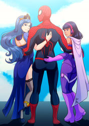 Size: 2480x3507 | Tagged: safe, artist:kirael-art, princess luna, twilight sparkle, human, amethyst sorceress, clothes, commission, crossover, humanized, peter parker, spider-man, spiderluna, spiders and magic: rise of spider-mane, spidertwi