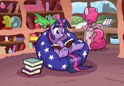 Size: 1752x1221 | Tagged: safe, artist:pippy, derpibooru import, gummy, pinkie pie, twilight sparkle, earth pony, pony, apron, book, clothes, golden oaks library, library, nom, reading, underhoof