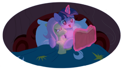 Size: 1600x900 | Tagged: safe, artist:iraecoal, derpibooru import, fluttershy, twilight sparkle, unicorn twilight, pegasus, pony, unicorn, bed, book, cute, dark, female, hug, lesbian, levitation, lidded eyes, magic, mare, open mouth, reading, shipping, shyabetes, smiling, telekinesis, twiabetes, twishy