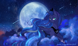 Size: 1280x768 | Tagged: safe, artist:cassiel, princess luna, alicorn, pony, bedroom eyes, cloud, cloudy, looking at you, moon, night, night sky, prone, shooting star, shooting stars, sky, smiling, solo, stars
