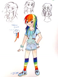 Size: 874x1165 | Tagged: safe, artist:stara23, rainbow dash, clothes, female, humanized, multicolored hair, solo