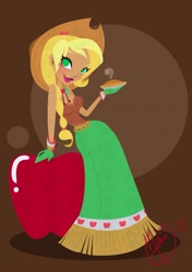 Size: 869x1231 | Tagged: safe, artist:licoricebunny, applejack, apple, clothes, dress, food, gala dress, humanized, pie, solo