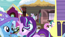 Size: 1280x720 | Tagged: safe, derpibooru import, screencap, silverstream, starlight glimmer, trixie, twinkleshine, pony, unicorn, best gift ever, best friends, clothes, duo focus, earmuffs, female, hat, mare, trixie's hat