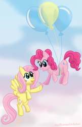 Size: 3300x5100 | Tagged: safe, artist:ronaldhennessy, fluttershy, pinkie pie, earth pony, pegasus, pony, balloon, cloud, cloudy, female, flutterpie, lesbian, mare, shipping, then watch her balloons lift her up to the sky